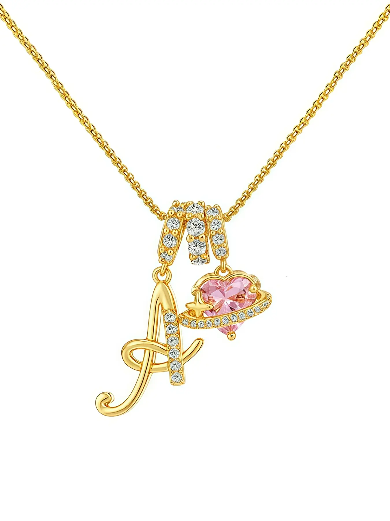 Initial Pink CZ Birthstone Heart Necklace for Women, Dainty Letter Chain Necklace, Custom Initial Necklace, Birthday Christmas Personalized Jewelry Gifts for Wife Girlfriend Sister Mom
