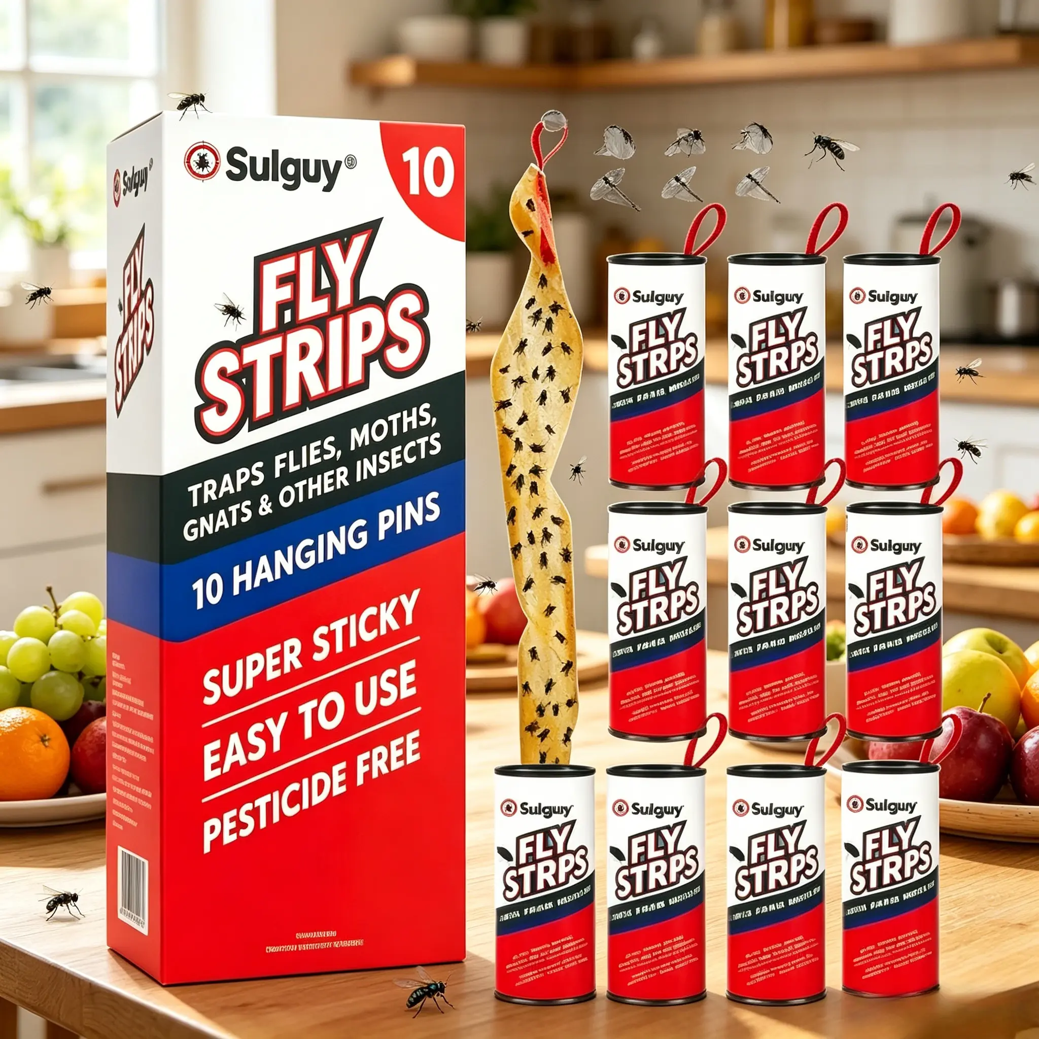 Sulguy Fly Strips Indoor Sticky Hanging 10pk with Pins. Pesticide Free Fly Catcher Ribbon Roll for Home. Sticky Fly Paper Trap for Fruit Flies, Gnats and Housefly. Bug Catchers Inside House Flypaper