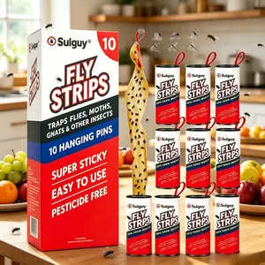Sulguy Fly Strips Indoor Sticky Hanging 10pk with Pins. Pesticide Free Fly Catcher Ribbon Roll for Home. Sticky Fly Paper Trap for Fruit Flies, Gnats and Housefly. Bug Catchers Inside House Flypaper