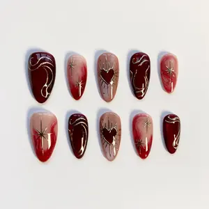 Burgundy Press on nails short almond nails/Red Cat Eye Nails/Star Nails/Red nails/3D Gold Chrome nail/Burgundy Nails/Gothic Nails/Heart Nail 3RT9NK