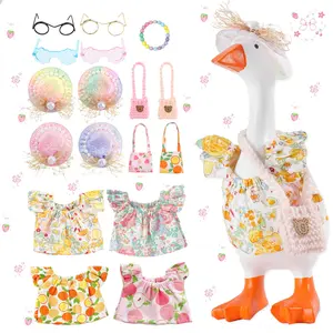 17Pcs 7 Inch Cute Desk Goose Outfits Set Mini Desktop Goose Clothes with Hat Floral Skirt Bag Ornament and Glasses