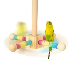 360° Rotating Bird Perch Toy - Interactive Natural Wood Parrot Perch with Colorful Beads & Rainbow Arch, Exercise & Mental Stimulation for Small/Medium Parrots, Cockatiels, Lovebirds, Conures, Finches, Budgies