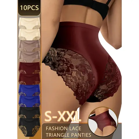 QUASTI Women's 10-Piece High-Waisted Panties, Aesthetic Cross Design, Skin-Friendly Lace Polyester Milk Silk Fabric, Elegant Solid Color Intimates with Comfortable Fit for Daily Wear Womenswear Soft