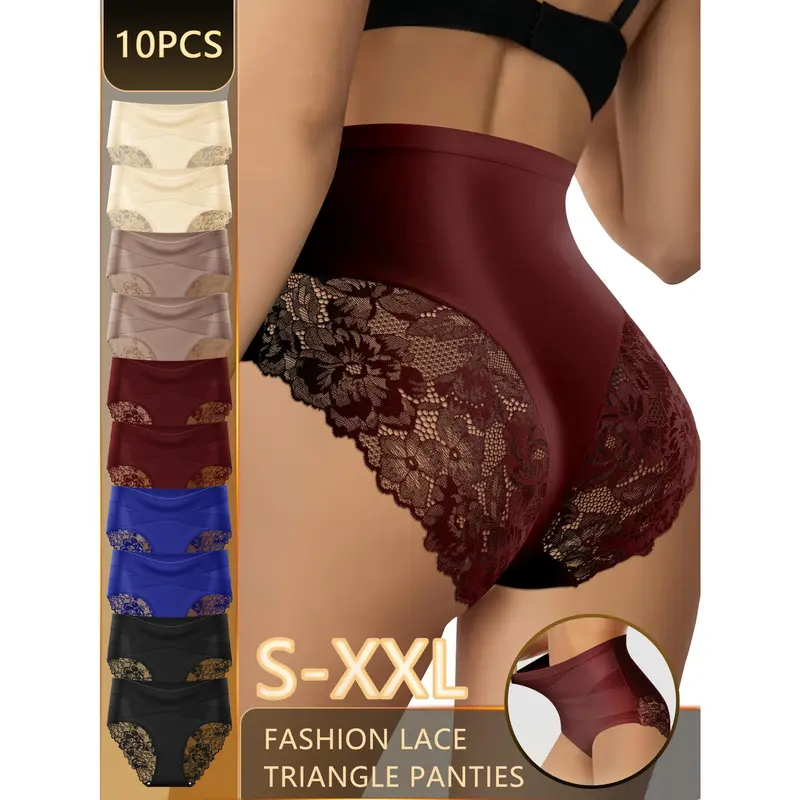 QUASTI Women's 10-Piece High-Waisted Panties, Aesthetic Cross Design, Skin-Friendly Lace Polyester Milk Silk Fabric, Elegant Solid Color Intimates with Comfortable Fit for Daily Wear Womenswear Soft