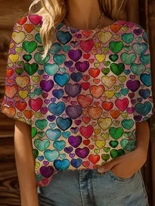 Spring Summer Knit Top, Feminine One Shoulder Straps, Colorblock Heart Print Short Sleeve Fitted, Casual Elegance Commute Wear, Women's Boho Beachwear, Lady