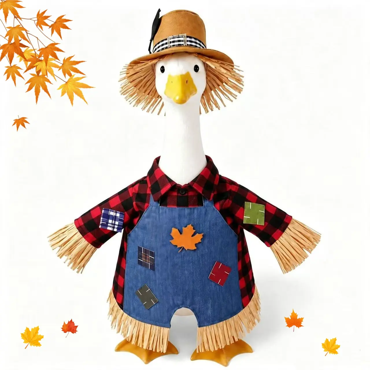 Fall Scarecrow Porch Goose Outfit Straw Hat With Crow Decor Plaid Shirt & Patch Denim Overalls Costume for 23‑Inch Lawn Goose Statue Farm‑Style Thanksgiving Yard Decor Goose Figurine Not Included