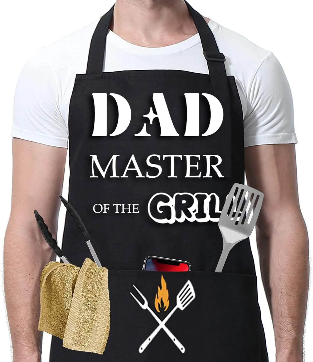 BBQ Apron for Men Dad Husband Boyfriend, Dad'S Apron, Black Waterproof Chef Aprons with 2 Pockets, Personalised Adjustable Aprons for Grilling Cooking Kitchen Gardening FCS