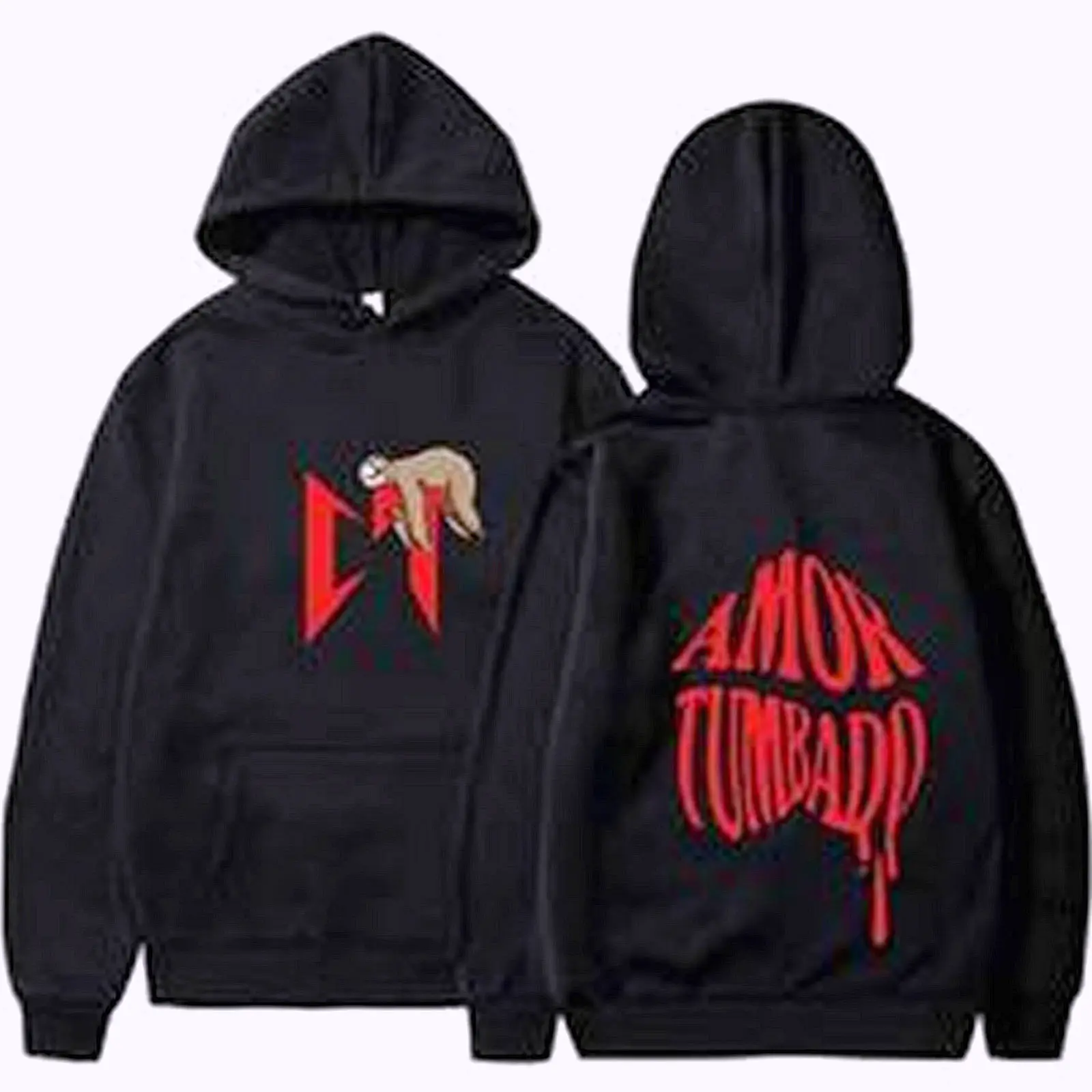 Amor Tumbado Sloth Graphic Pullover Hoodie, 2 Sided Print, Funny Latin Music Inspired Streetwear Hooded Sweatshirt, Trendy Gift for Women Men