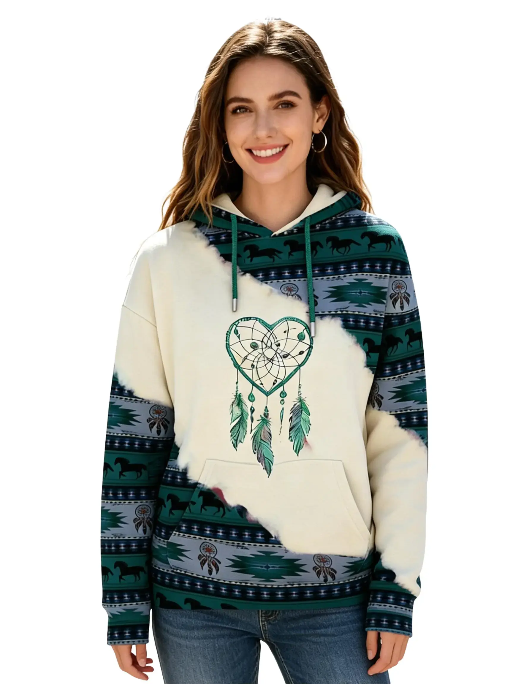 Women's Ethnic Pattern Patchwork Dreamcatcher & Horse Print Drawstring Hoodie, Casual Long Sleeve Drop Shoulder Hooded Sweatshirt for Daily Holiday Outdoor Wear, Ladies Clothes for All Seasons