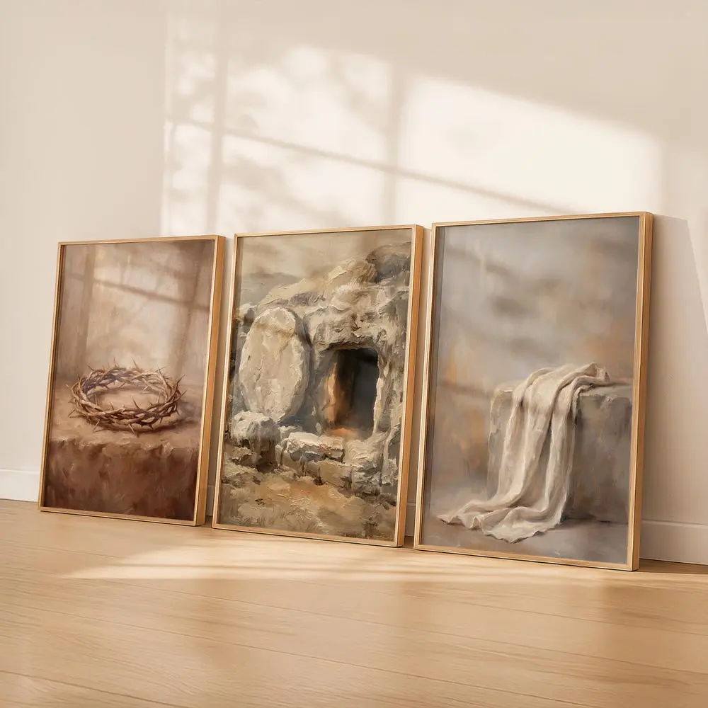 Triptych Christian Wall Art Set of 3: “From Suffering to Resurrection”. Gift for Easter. Jesus Christian Digital Poster.