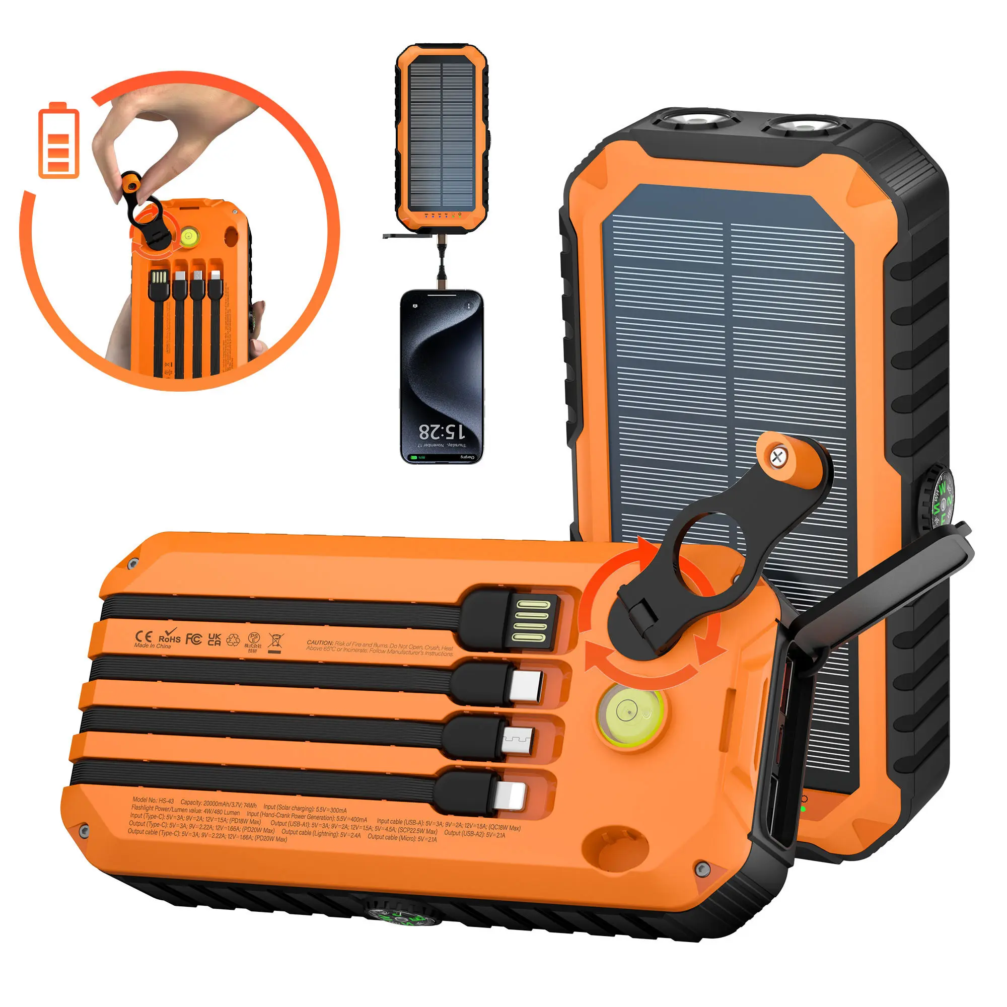 citicr 40000 mAh Hand-cranked power generation Solar Charger Power Bank   Built in 4 Cables 6 Outputs QC3.0 PD20W Watts Fast Charging Power Bank for All Mobile Devices 3 Inputs Solar Portable Charger with Dual Flashlights, Compass level, lanyard