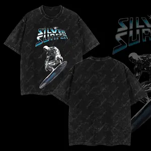 Superstyle Norrin Radd Power Cosmic "Silver Surfer" Fantastic Four MCU Superhero Comic Edition Double Printed Oversize Lightweight Acid Washed Tee TV Series Graphic Design Top Cotton Streetwear Comic Superheroes T-Shirt Clothes Menswear Womenswear