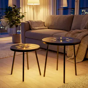 2-Pack Solar Powered Nesting Side Table Set, Modern Round/Wire-Cage Metal Accent Table with Solar LED Light, No Assembly Indoor Outdoor End Table for Balcony Garden Living Room
