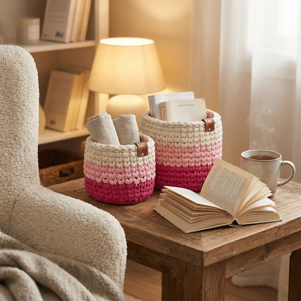 Handmade Pink Ombre Crochet Basket - Soft Structured Design for Coffee Tables Nightstands Desks or Entry Tables - Romantic Pink Ombre Color Palette - Ideal for Gifting or Everyday Organization