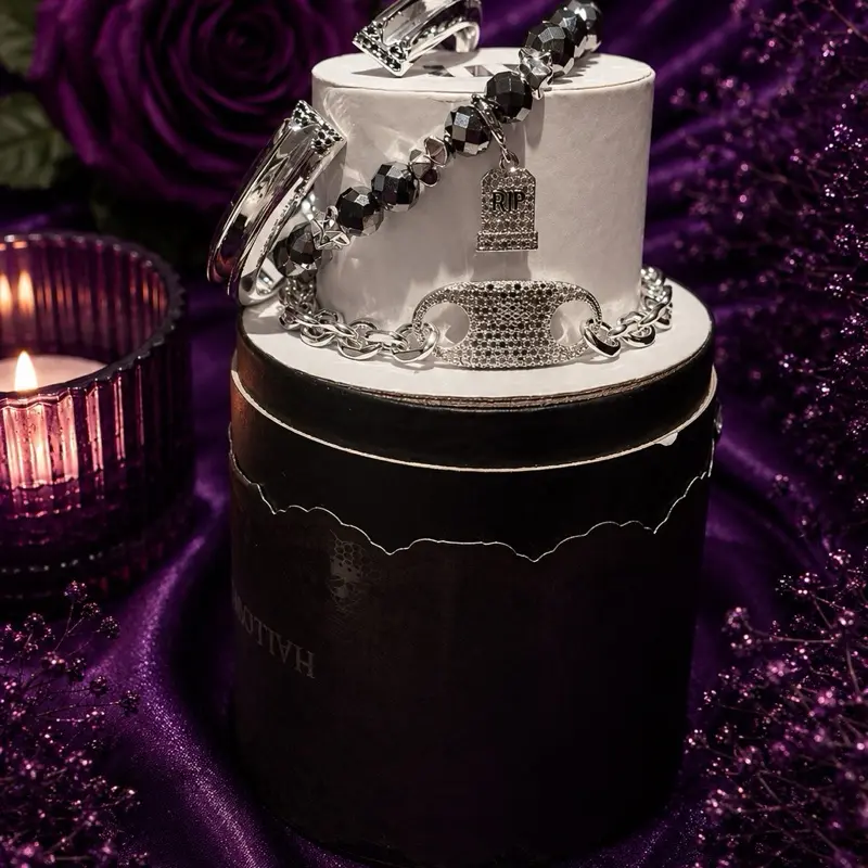 BOMB PARTY Mourned In Style Bracelet Stack, Unisex Gothic Halloween Jewelry with Silver Plating, Lab Created Stones & Removable RIP Tombstone Charm, Gothic Style, Witchcraft Aesthetic, Elegant, Removable Charm, Those Who Love Unique Accessories
