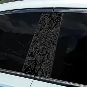 2 pieces black and white flower and bird pattern theme B pillar sticker - universal car column decorative sticker, waterproof anti-ultraviolet carbon fiber door film, easy installation and scratch-proof protective film, Decal for cars
