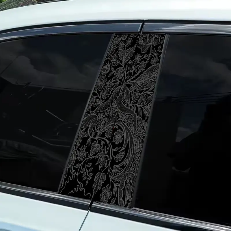 2 pieces black and white flower and bird pattern theme B pillar sticker - car column decorative sticker, waterproof anti-ultraviolet carbon fiber door film, scratch-proof protective film, Automotive Decals, Automobile Decals, Decal for Cars
