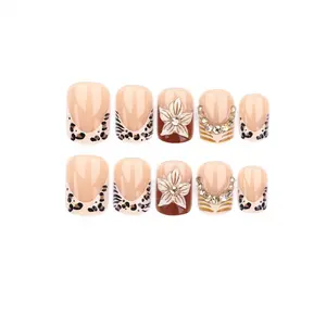 New Seasonal 24-Piece Short Square Nails, Glossy Finish, Leopard Zebra Patterns, Reusable, No Bake, Perfect for Parties and Events