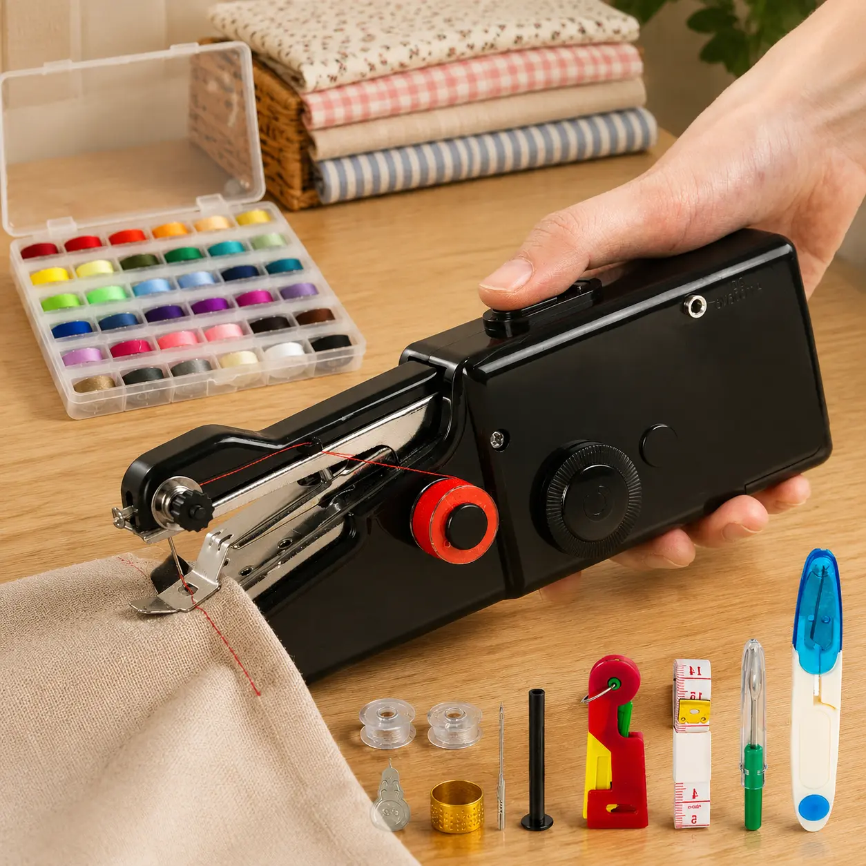 Mini handheld electric sewing machine, equipped with a complete set of sewing accessories, portable manual mini sewing tool, suitable for clothing repair, beginner DIY and emergency fabric restoration.