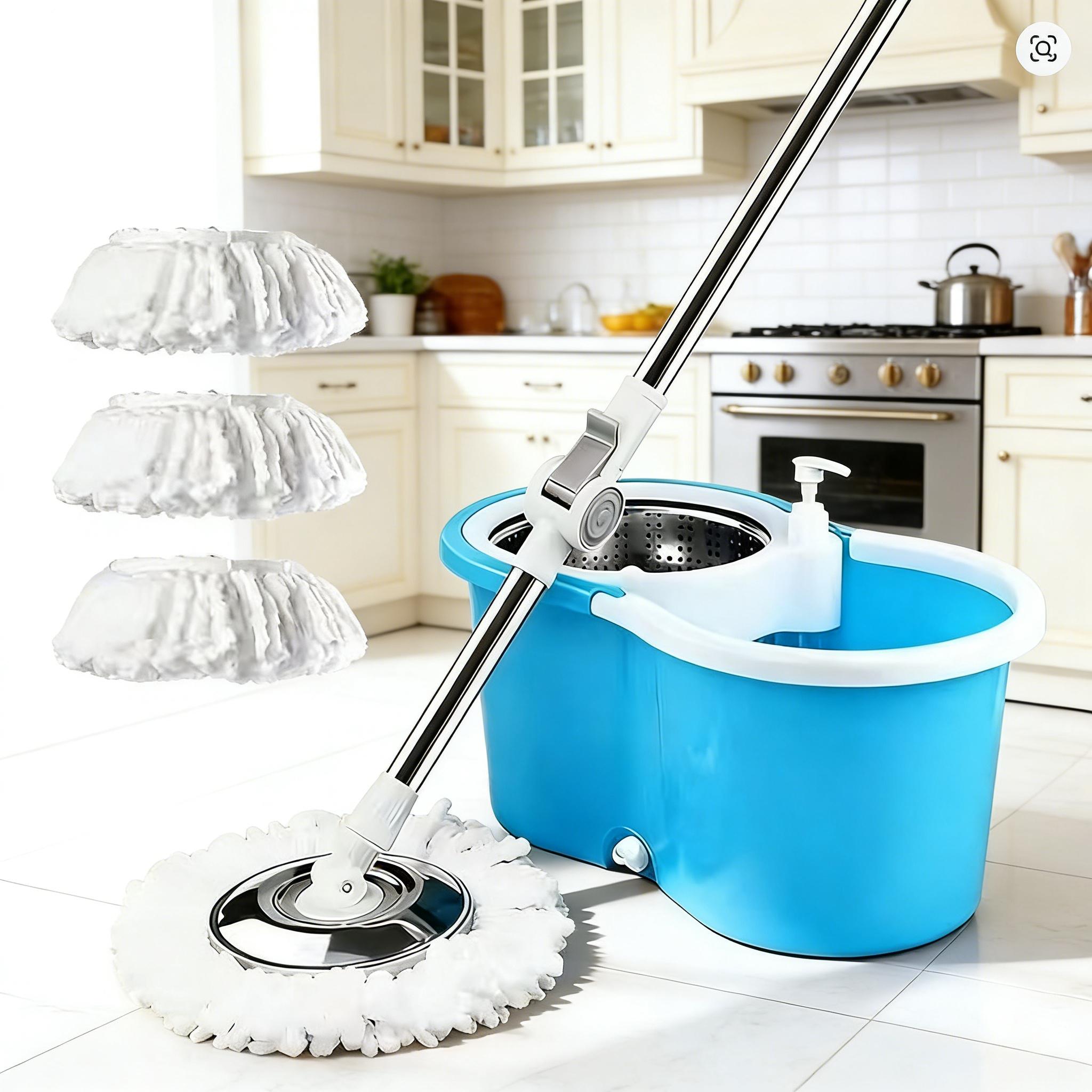 360° Rotating Telescoping Handle Mop System with Integrated Wringer Bucket & Microfiber Round Mop Head for Efficient Ergonomic Floor Cleaning Kitchen Stainless Steel