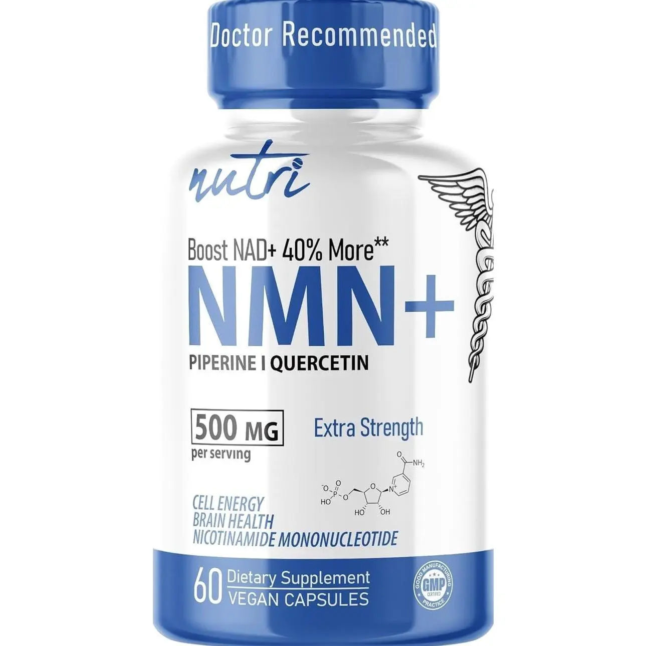 NMN Supplement 500mg NAD Supplement - Nutri Ultra High Absorption Stabilized NMN Nicotinamide Mononucleotide, 40% More NAD+ with Quercetin Phytosome & Black Pepper - mnm supplement (60 Capsules)