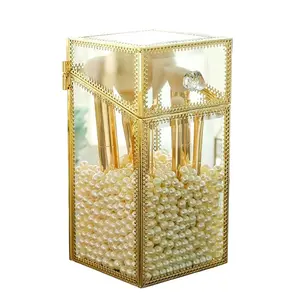 Vintage Glass Makeup Brush Holder with Lid & Pearls - Dustproof Organizer for Aesthetic Vanity Goals - Elegant Gold Trim Design - Compact & High Capacity - Perfect Gift for Her