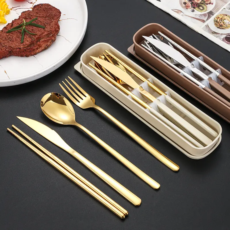 4Pcs Stainless Steel Tableware Set - Adult Compact Portable Reusable Cutlery Tableware Kit with Knife, Fork, Spoon, Chopsticks for Travel, Camping, Portable Set