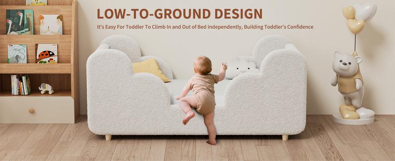 Lilypelle Toddler Bed Frame, Toddler Floor Bed Frame with Extra Safty Broad, Standard Crib Size Toddler Bed, Certified Fabric Toddler Beds Frame, Mattress Not Included