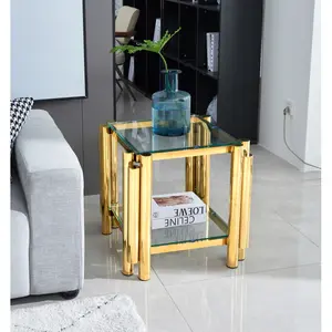 [SOIYELIFE] 20 Inch Square End Table, Modern Stainss Steel End Table, Doub-Layer Car Tempered Glass Coffee Table, Side Table with Storage, for Living Room Office, Gold