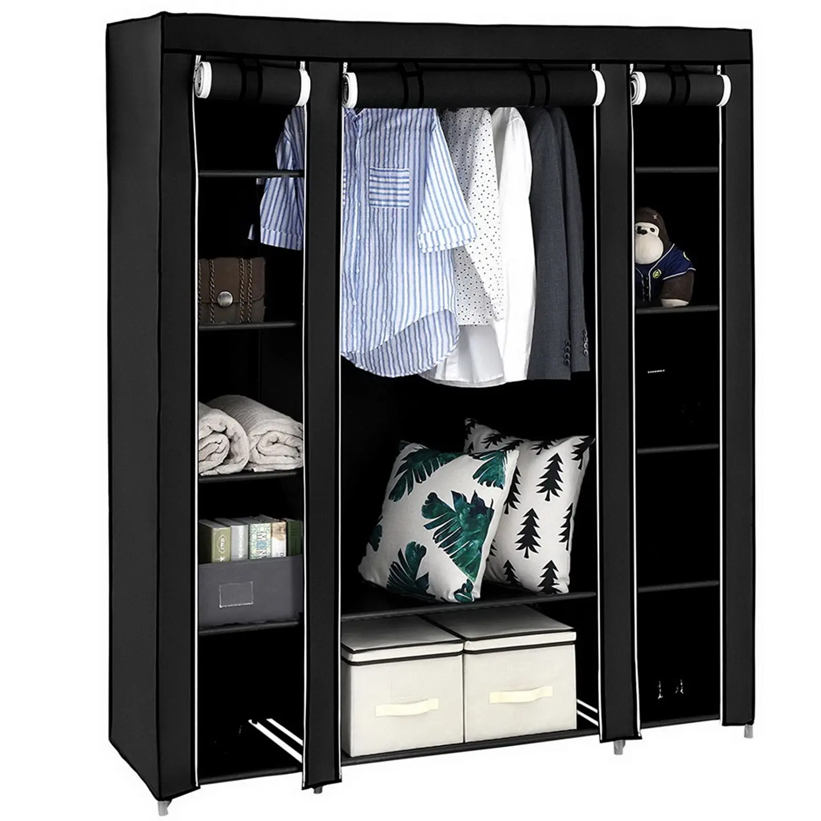 Canvas Wardrobe Portable Closet Wardrobe Clothes Storage with 6 Shelves and Hanging Rail,Non-Woven Fabric, Quick and Easy Assembly,Black