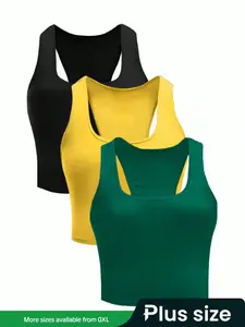 Plus Size Women's Casual Comfortable Slim-Fit Sleeveless Knit Tank Tops Set, 3 Pcs, Versatile Strapless Vest for Daily Wear & Summer, Basic