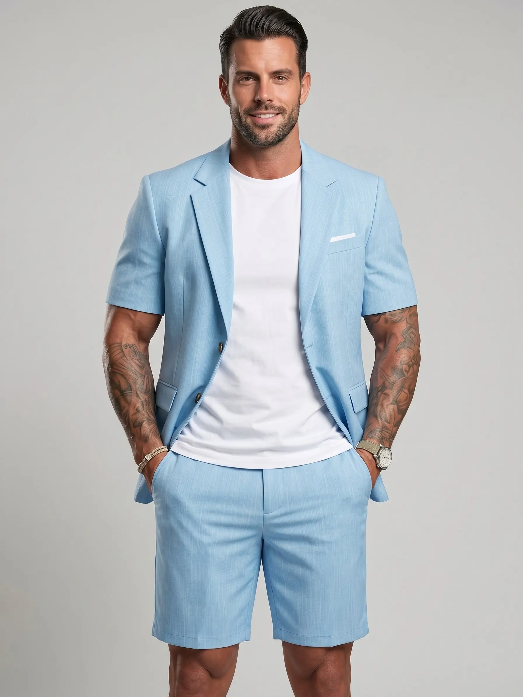 KZZ Men's 2-Piece Shortsleeve Blazer+Shorts Set - Elegant Twist Design, Casual All-Seasons Modern Menswear Outfit