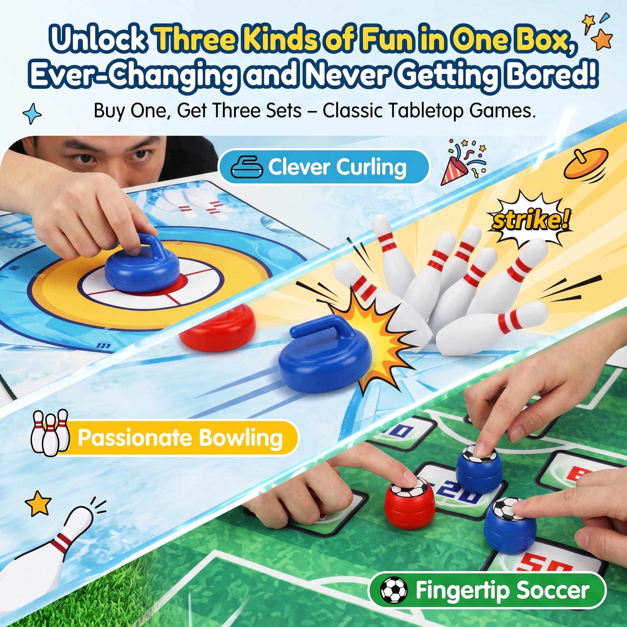 Multi-Game 3-in-1 Tabletop Sports Set | Portable Mini Curling, Soccer, Bowling | Indoor Fun for Kids Adults | Family Game Night, Party & Travel