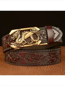 Men's Retro Black Genuine Leather Casual Belt with Gold Dragon & Floral Embossed Design, Automatic Buckle for Jeans