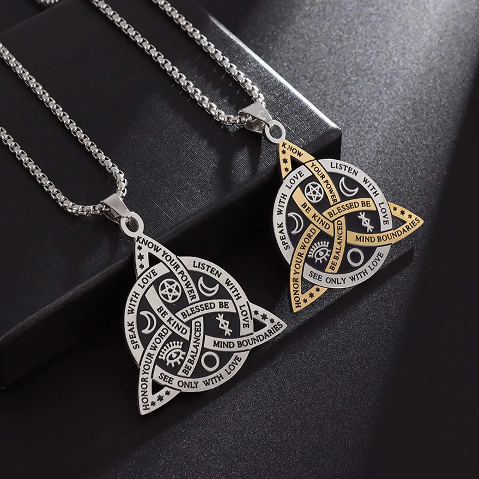 Moon Rune Celtic Knot Stainless Steel Decorative Necklace - Unisex Casual Pendant with Necklace Chain, Punk Hip Hop Style, Auspicious Happy Birthday Gift