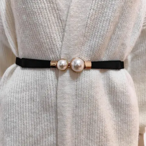 Women's Faux Pearl Decorated Chain Belt, Waist Belt for Dress, Fashion Simple Solid Color for Dress, Trendy Pu Leather Belt for Birthday Gift, Stylish Belts