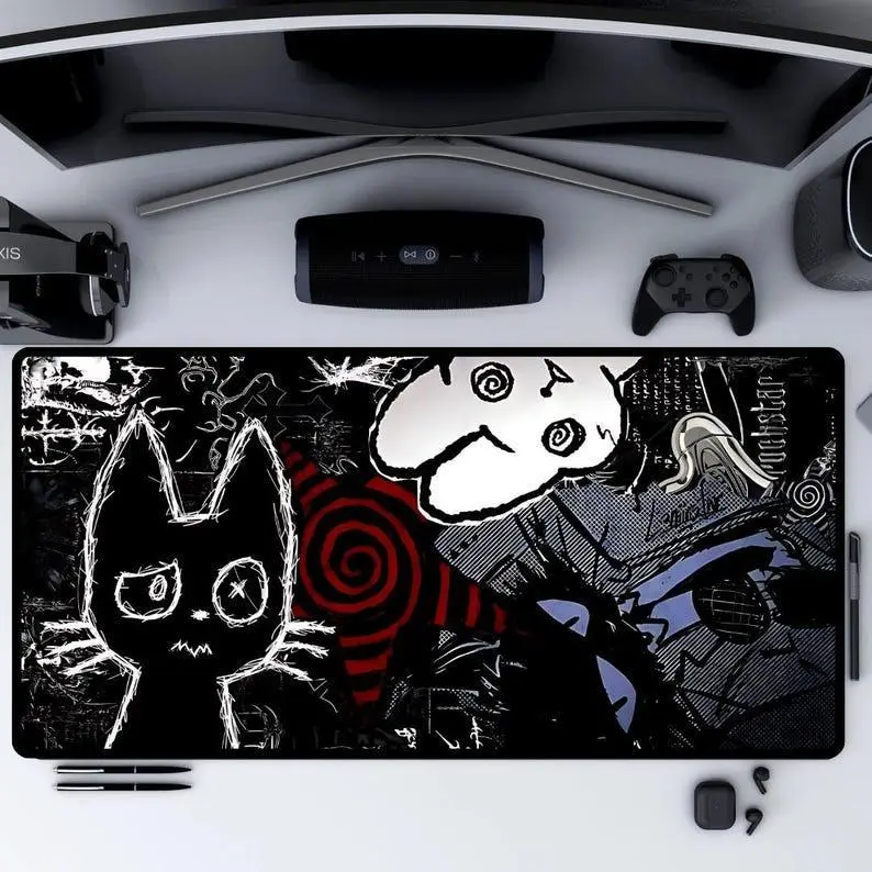 Dark Punk Anime Mousepad Creepy Cat Gaming Mat Grunge Desk Mat for Gamers Neon Aesthetic Mouse Pad