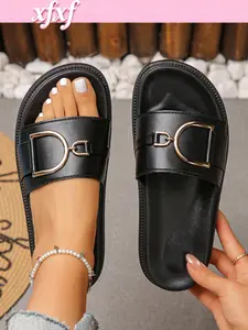 Women's Flat Sandals with Thick Anti-Slip Sole, D-Shaped Metal Buckle, Elegant Design for Daily Slipper