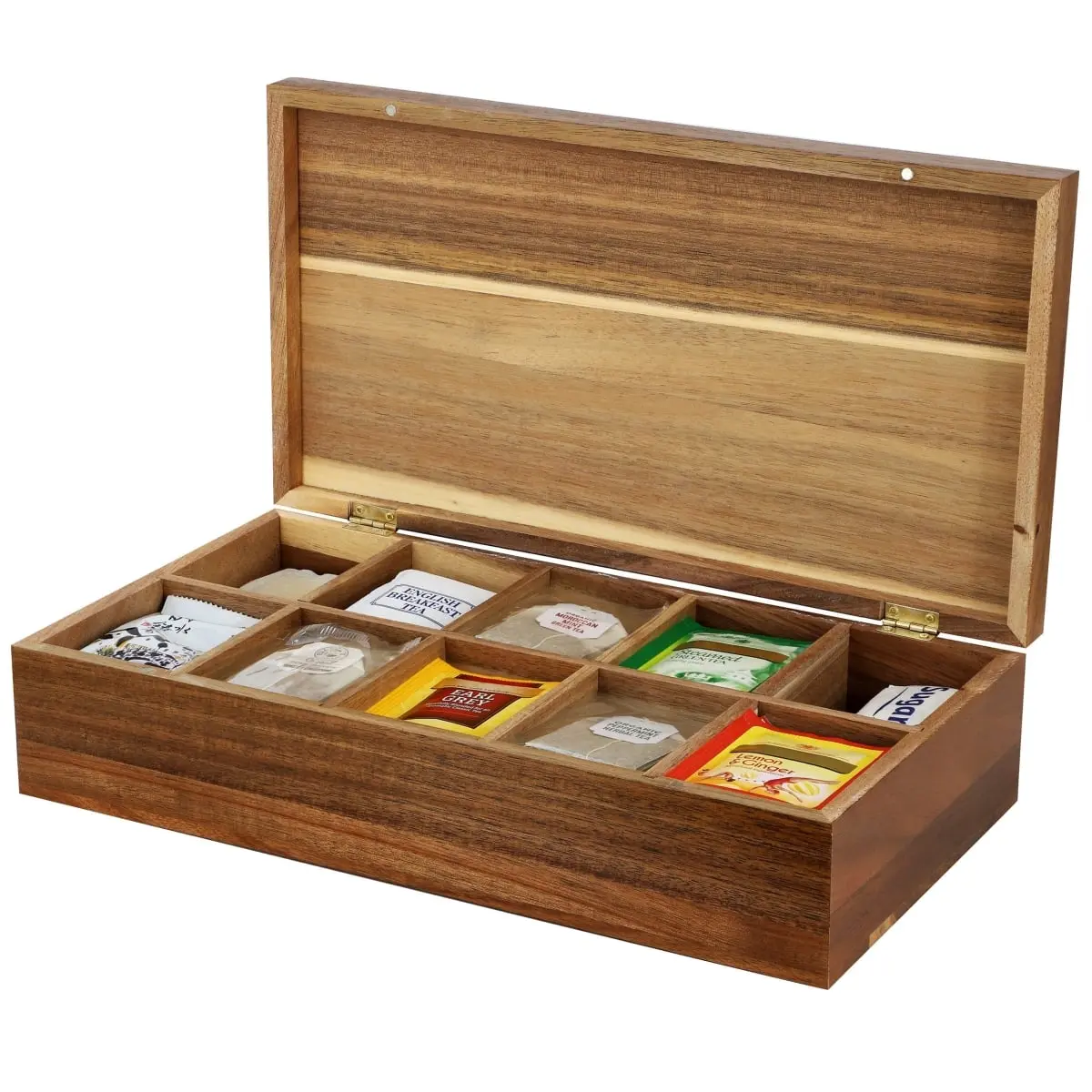 MegaChef MC-A122 Acacia Wood Tea Organiser, 14.25x7.5 in, 10-Compartment Home Storage Box