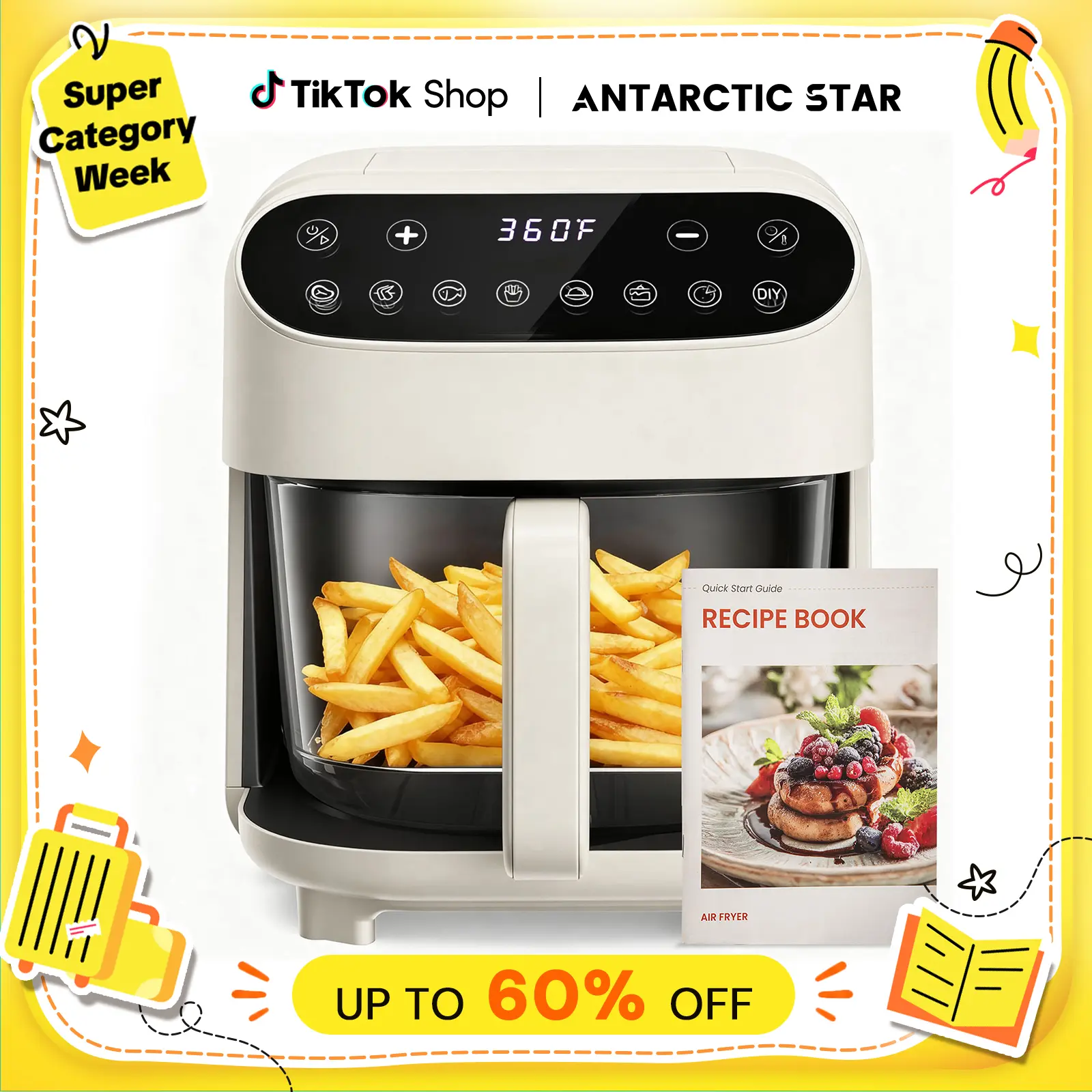 【BackToSchool】5Qt Glass Air Fryer for Kitchen, Fryer with Basket - PFAS-Free, Dishwasher-Safe Basket, 8 Preset Touchscreen, 360° View Cooking, 3 to 4.99 L Capacity for Healthy Meals in Minutes - White
