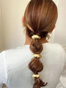 3pcs/ Metal Women's Geometric Hair Scrunchies, Ponytail Hair Tie Accessories, Hair Decor For Daily Casual, Glossy Knot, Rounded Top Ponytail Holder, Tie Up Back, Elastic Hair Ties For Women