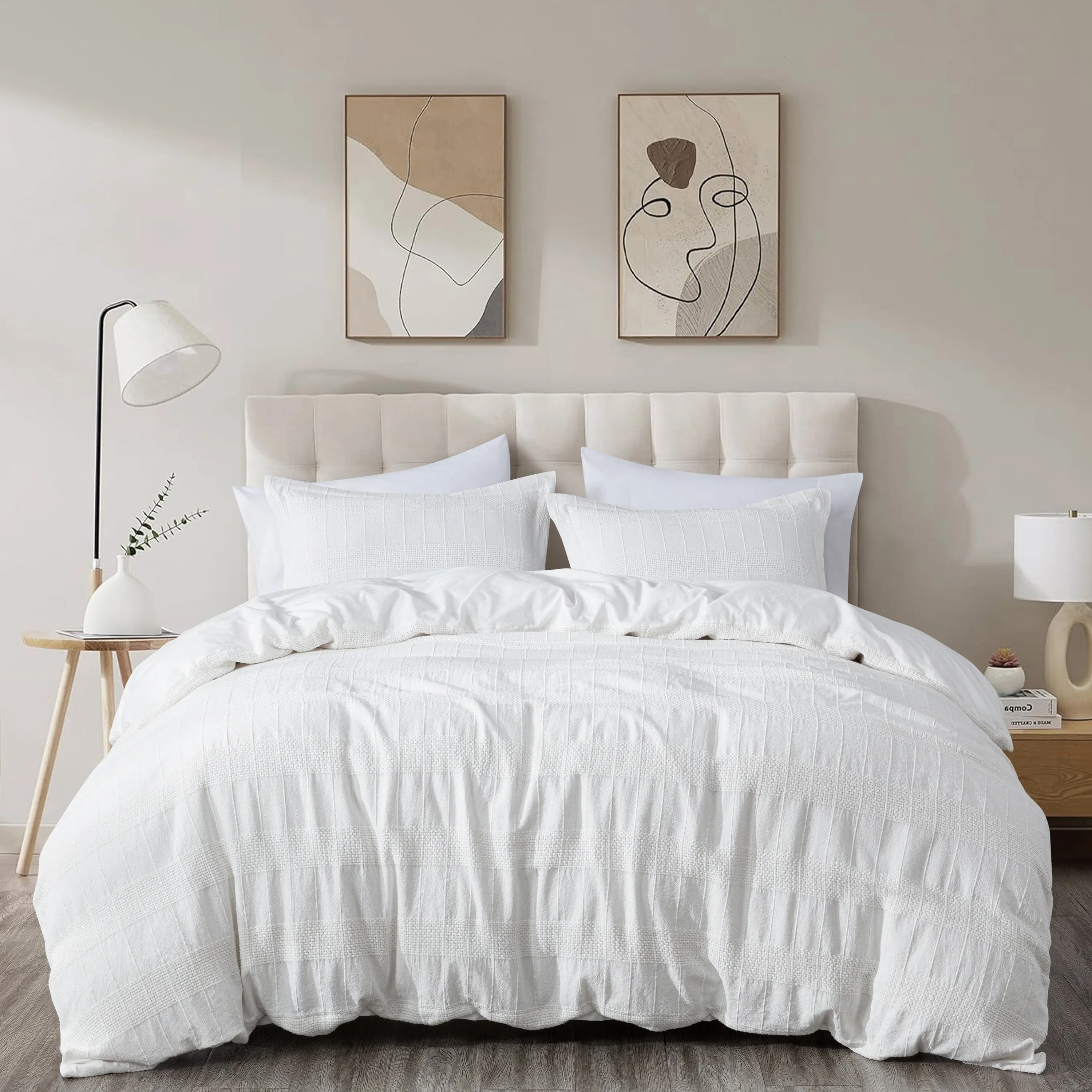CHEZMOI COLLECTION Yuki Durable Cotton Duvet Cover Set (King/Queen) - Clip Jacquard Modern Texture, Tufted Basket Weave, Cooling Stripes, Hidden Button Closure, Breathable, Envelope-Closure Pillow Shams, Farmhouse Charm, Machine Washable