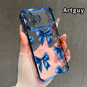 Clear Four Corners Anti-drop Phone Case For iPhone 17 Pro Max 16 15 Plus Air 14 13 12 11 E Protective Cover Blue Bows Printed Shockproof Cellphone Casing
