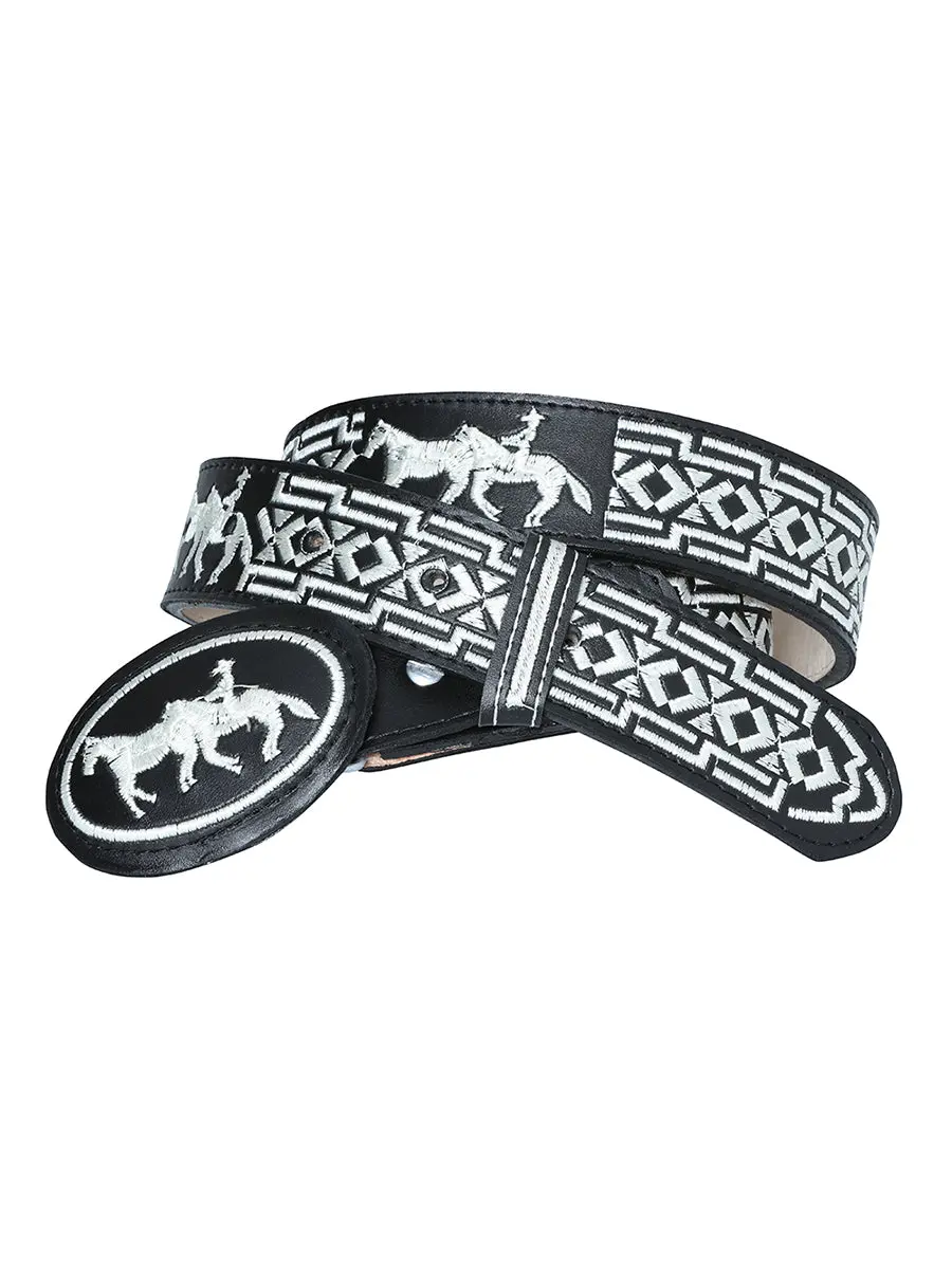 Men's Handmade Mexican Western Waist Belt, Black Hand-Stitched Design with El Senor de los Cielos Horse Motif Oval Shaped Belt Buckle, Belt Buckle Mexican, Western Buckle