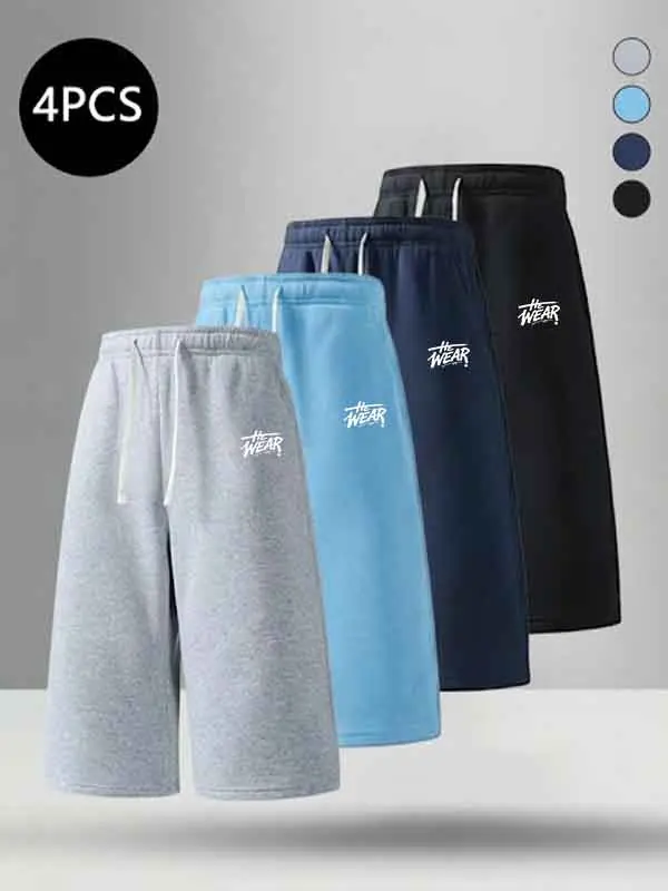 Pack of 4 – Men’s pure cotton drawstring casual shorts, inner length 13.98 inches; summer trendy athletic style, versatile streetwear for running, fitness, commuting, and multi-scene use.