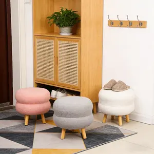 Lamb wool stool, plush sofa stool, wooden leg decorative stool, soft and comfortable footstool, modern home decoration, essential for living rooms, bedrooms, and offices