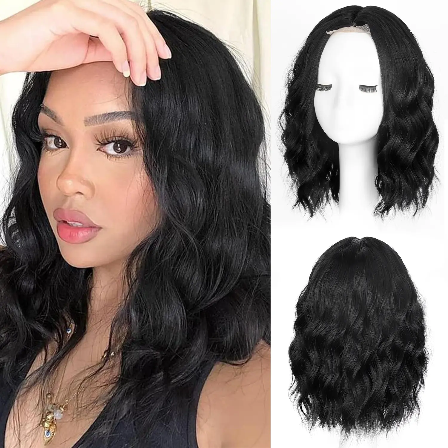 14 Inch Wavy Bob Wig in Dark Brown Mixed Blonde, Synthetic Curly Wig for Women with Natural Hairline, Glueless and Heat Resistant for Daily Wear, Natural Hairline Wigs