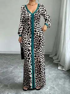 Elegant Leopard Print V-Neck Long Sleeve Dress, Waist-Cinch Slim Fit, Long V-Neck Goddess Style, High-Quality Chic Fashion Dress