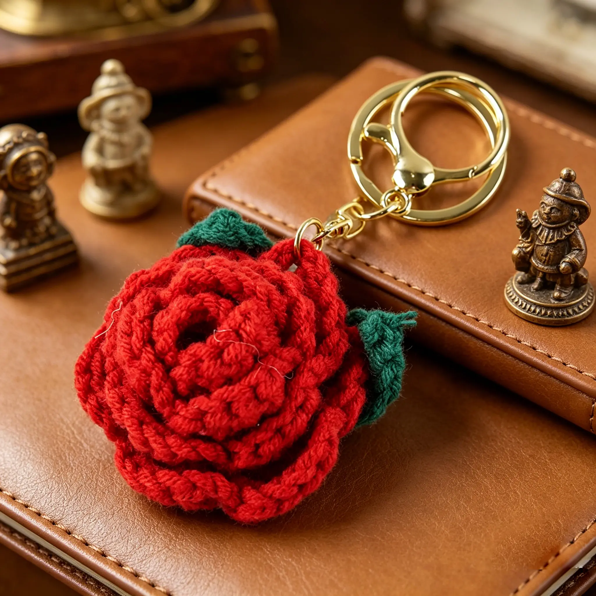 Women's Handmade Crocheted Yarn Keychain Charm - Plain Rose Shape Flower Motif, Car Hanging Ornament, Ideal Mother's Day Gift for Mother