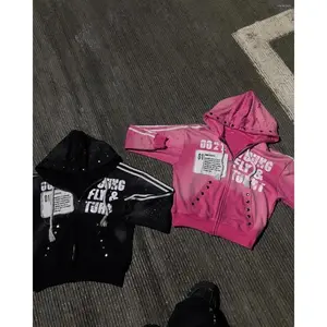 Men's Hoodies America Vintage Sequins Rhinestone Embroidery Zipper Hoodie Men Women Punk Gothic Stripe Patchwork Trendy Sweatshirt